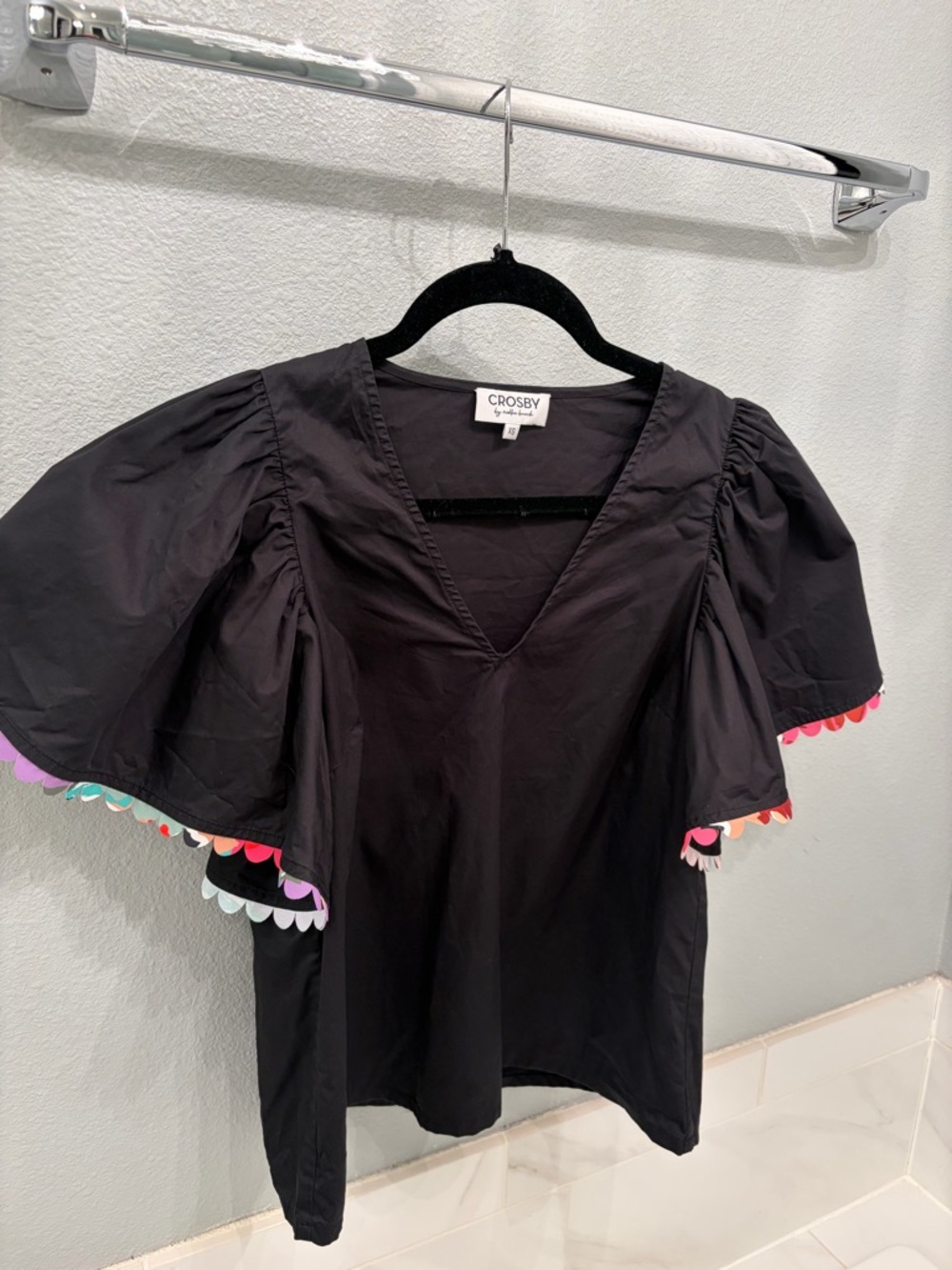 Crosby by Mollie Burch Black Flutter Sleeve Top with Multicolor Scallop Trim